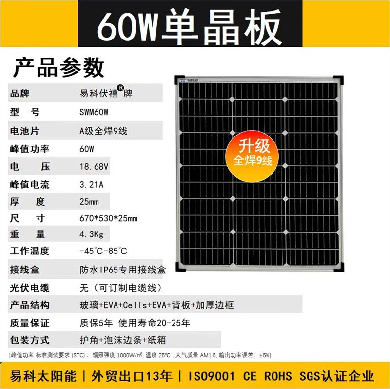 易科60w太阳能发电板充电板光伏发电太阳板户外车载野外便携折叠图2