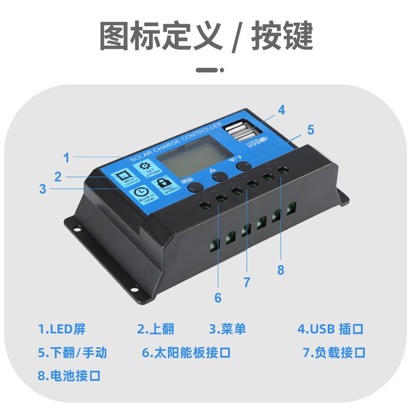 PWM太阳能控制器10A-60A智能照明充电控制器双USB12 V/24V自动识别图2
