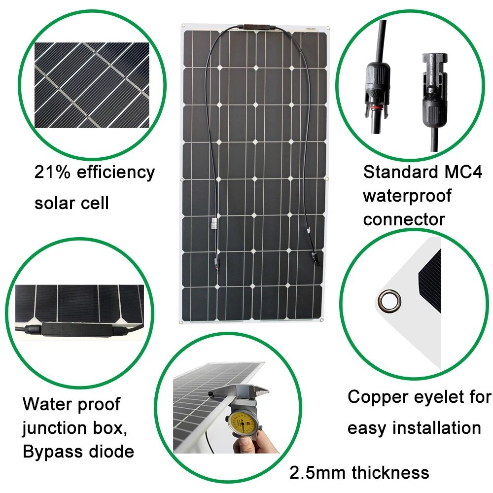 100w200w12v便携式太阳能电池板柔性16V 800W 平板 CELLS 单晶硅图4